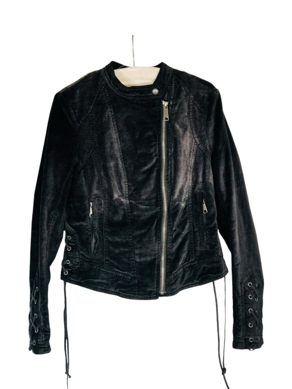 Free People Black Moto Jacket XS Lace Up Sleeves Asymmetrical Zip Studio Rental